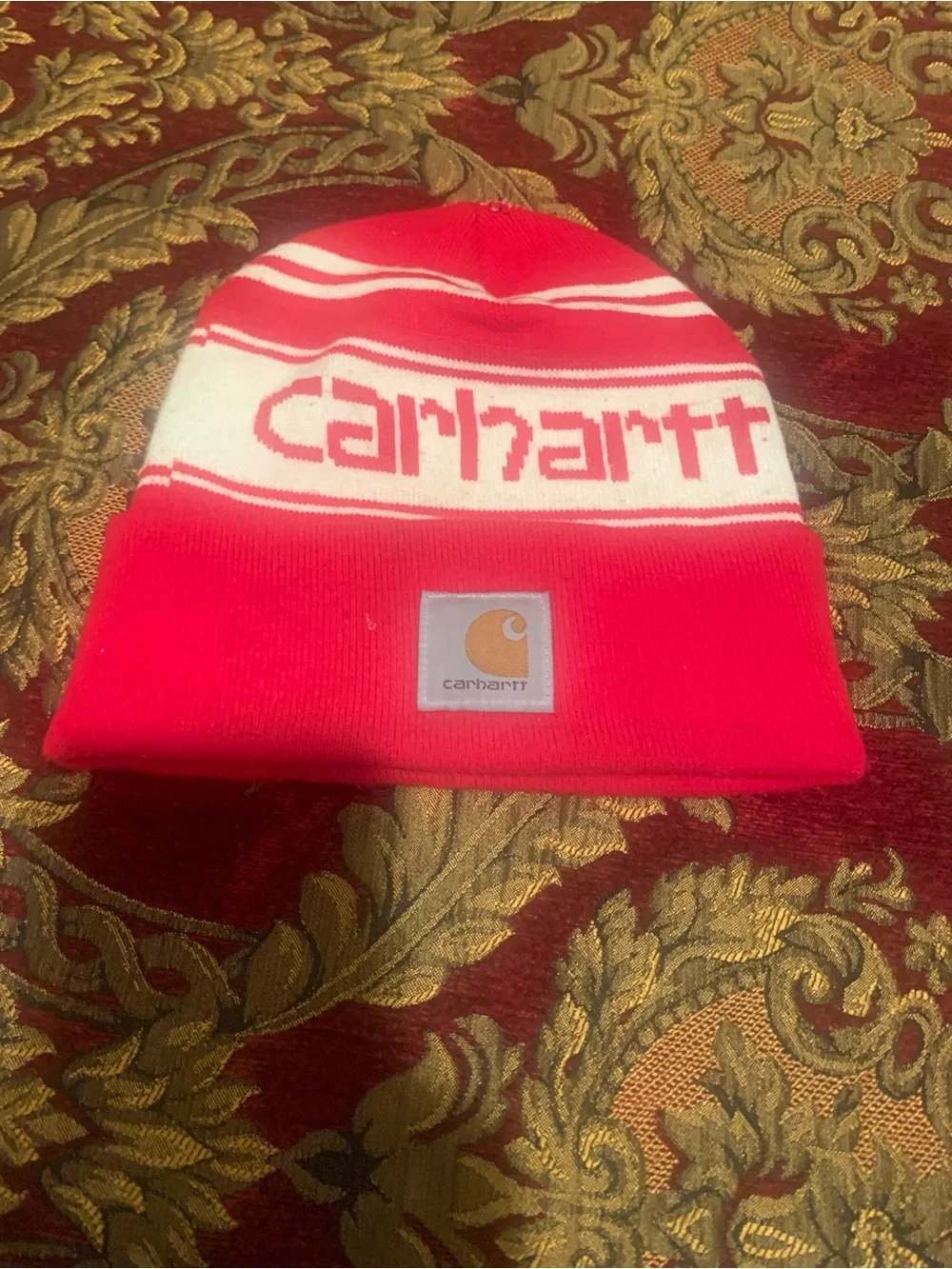 Carhartt Kids Red & White Striped Logo Beanie